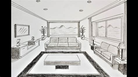 one point perspective living room drawing